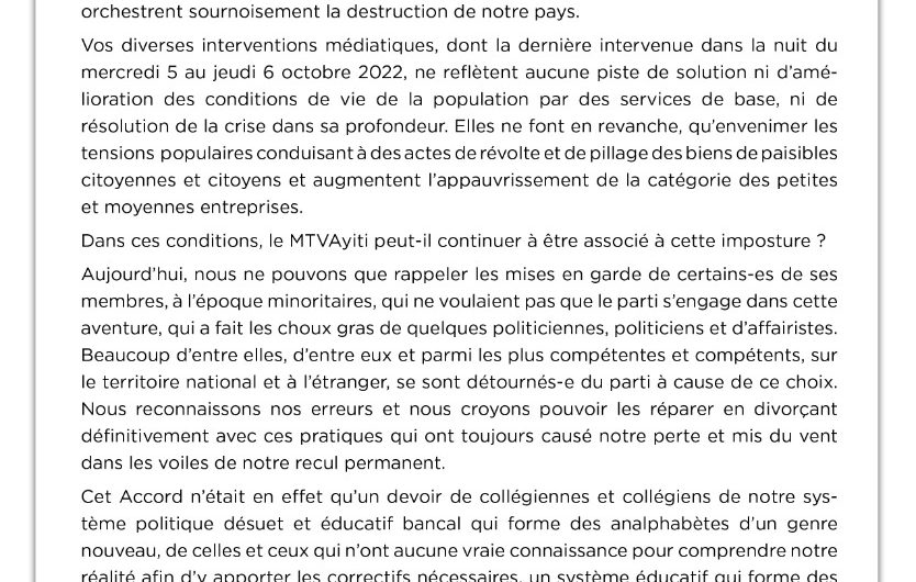 Retrait du MTVAyiti de l’Accord du 11 septembre 2021 Monsieur le Premier Ministre