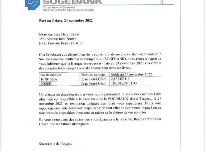 Haïti-Sanction .: Le groupe Sogebank décide de fermer les comptes de Jean Henry Céant